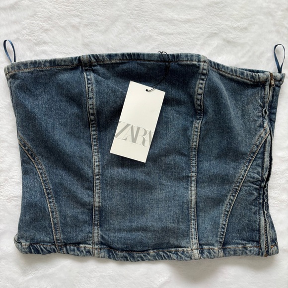 ZARA Strapless Cropped Corset-Style Blue Denim Tube Top—NWT—L - Picture 4 of 9